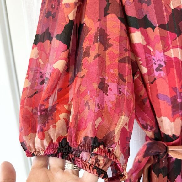 Lane Bryant Dress 18 Red Floral Balloon Sleeve 80s Midi High Low Party Wedding - Picture 4 of 16